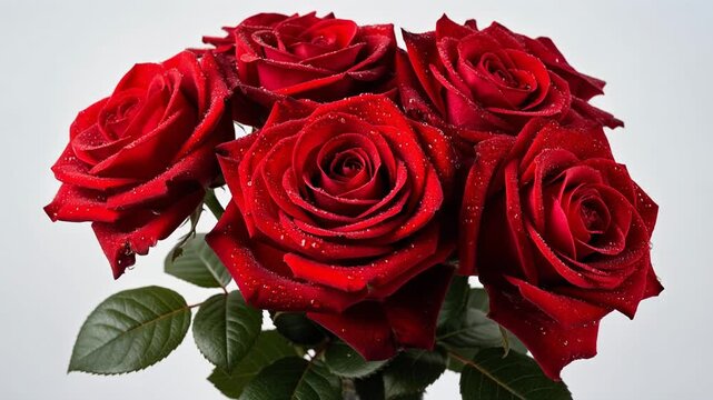 Beautiful fresh red roses with water droplets and green leaves close up on white background