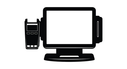 A stark black silhouette depicts a vintage television set paired with a portable handheld device silhouette high quality © jivect02