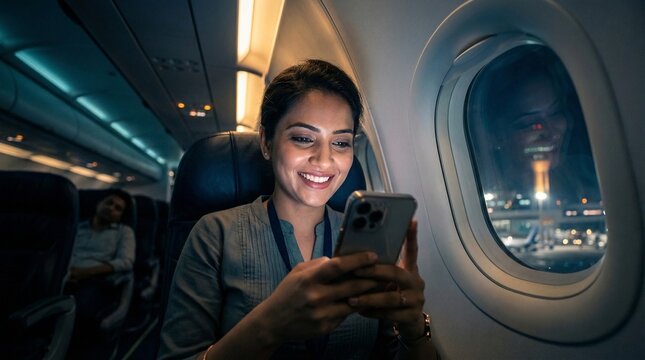 Woman Using Phone During Flight Near Airplane Window