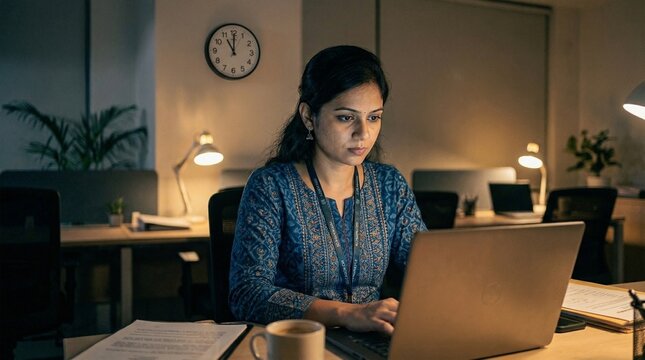 Professional Woman Working Late at Laptop at Night