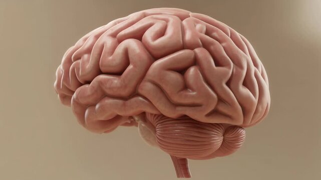 Detailed close up view of a human brain anatomy showing cerebral cortex and cerebellum with realistic texture