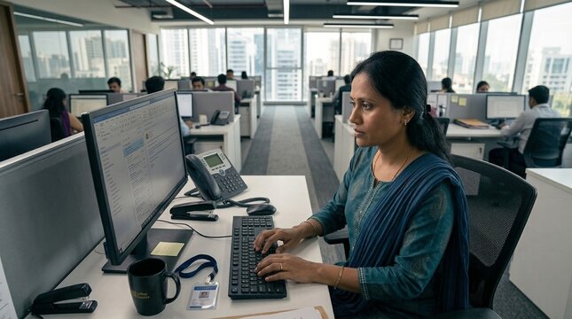 Professional Woman Using Desktop Computer in Open Office