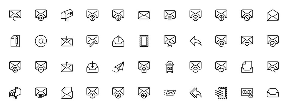 Email icon set. Minimal vector icons pack for communication. Includes symbols for email, inbox, outbox, reply, stamp, mailbox, letter, voice message and more. Editable stroke.