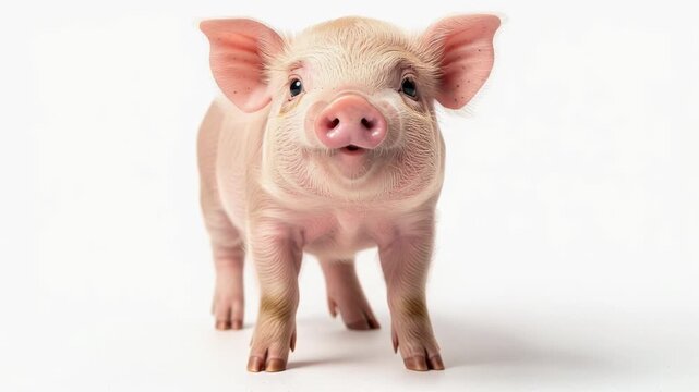 Cute pink piglet standing on white background looking curious and playful adorable farm animal
