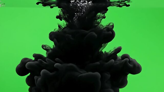 Abstract Ink Diffusion with cloud of black paint mixing into water over green screen slowly filling the view distortion, overlay, glitch, static noise, scan lines on background, 4k animated video loop