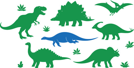 Colorful flat vector dinosaur silhouettes set with t-rex stegosaurus triceratops pterodactyl and plants isolated on white background. © MdAkramul