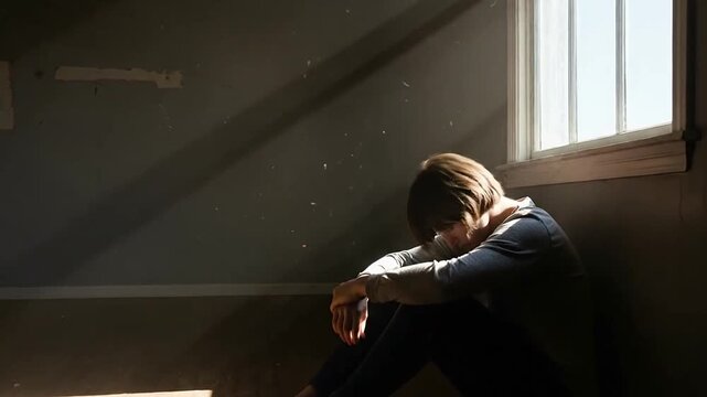 Silent solitary figure sits in sunlit shadows of an empty room.