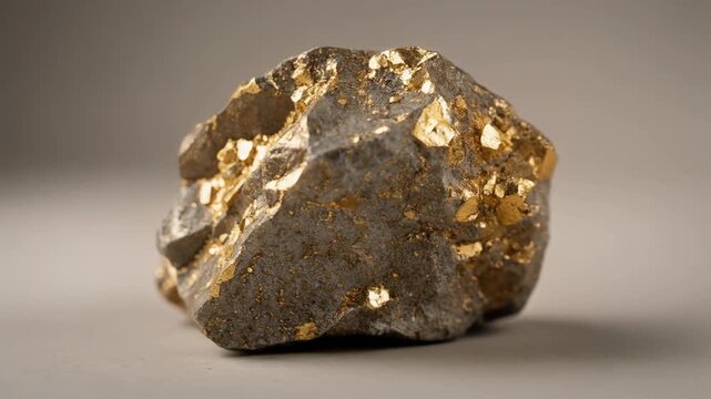 Natural gold ore rock with sparkling gold mineral veins on a neutral background close up