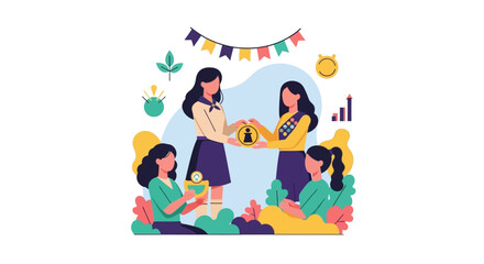 Illustration of a girl scout event with people camping and a national day celebration in a colorful design background.