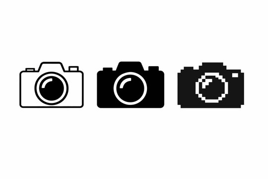 Icon set: retro and modern camera designs in black and white