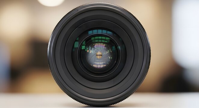 Close-up macro shot of a camera lens with reflection of lights and buildings
