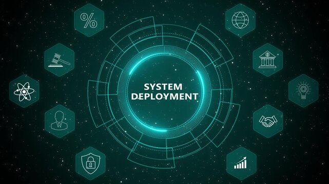 Futuristic deployment dashboard with automated digital technology system management and advanced computing network animation
