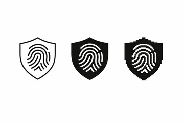 Fingerprint shield icons: line, solid, and pixel art styles for security and privacy