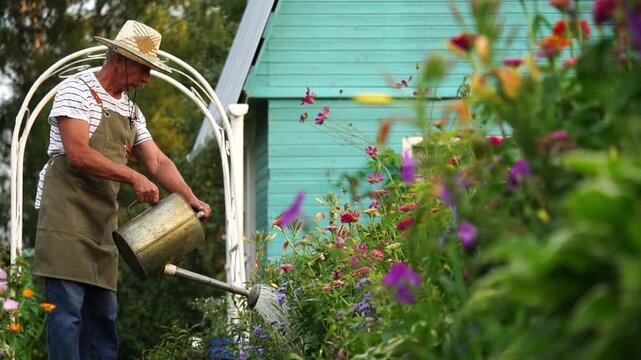 Gardener watering flowers in garden plot