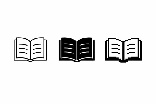 Set of three iconic open book symbols in different styles
