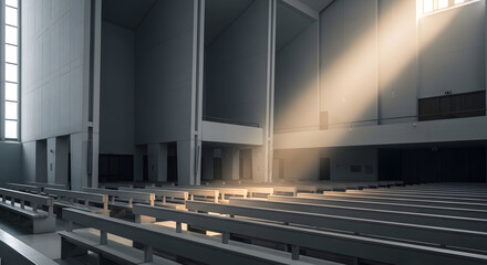 Fototapeta premium Modern Church Interior with Dramatic Sunlight Beams Illuminating Rows of Empty Pews Creating a Serene and Spiritual Atmosphere
