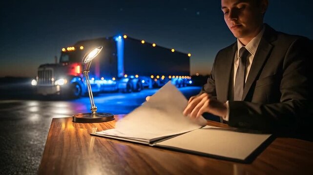 Nighttime Contract Signing Beside Truck At Dock.