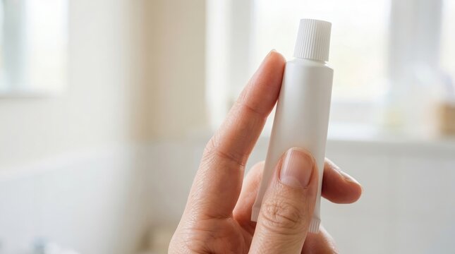 Health care FSAs concept. Hand holding a small white tube of cream or ointment with a blurred background.