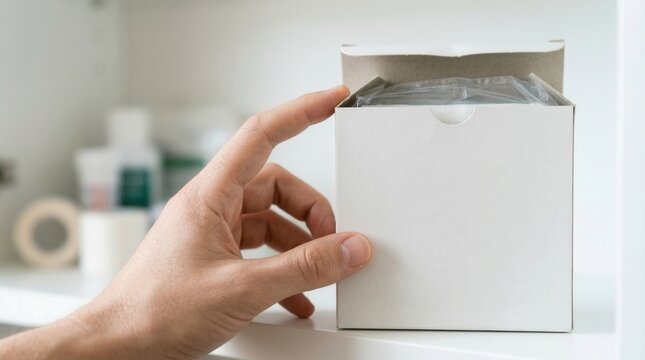 Health care FSAs concept. Hand holding a white box with a silver foil packet inside on a kitchen counter