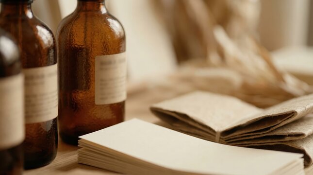 Health care FSAs concept. Vintage brown glass bottles and old papers on a wooden table in warm light
