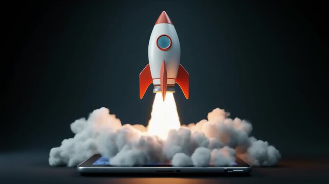 Rocket emerging from tablet display animation background