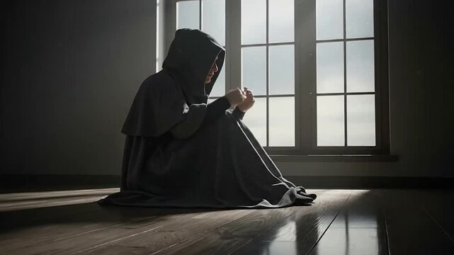 Solitary Hooded Figure Sits By Window In Dim Quiet Room.