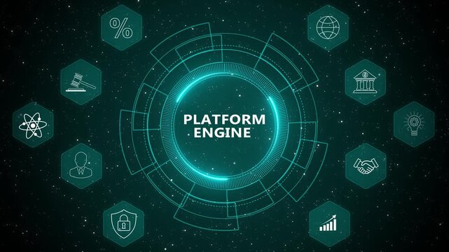Futuristic platform engine interface with advanced digital technology system processing and computing network animation