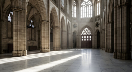Fototapeta premium Grand Gothic Cathedral Interior with Sunlight Streaming Through Arched Windows Illuminating the Marble Floor