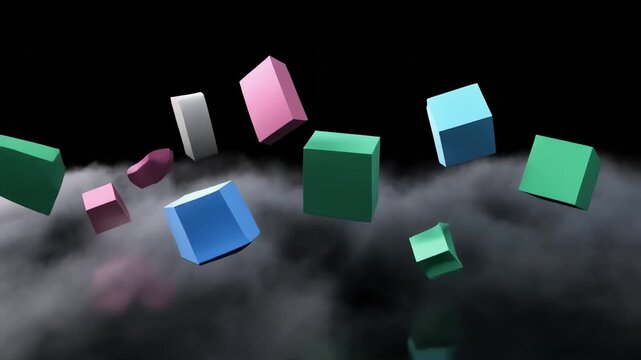 Floating 3D shapes in volumetric fog background animation