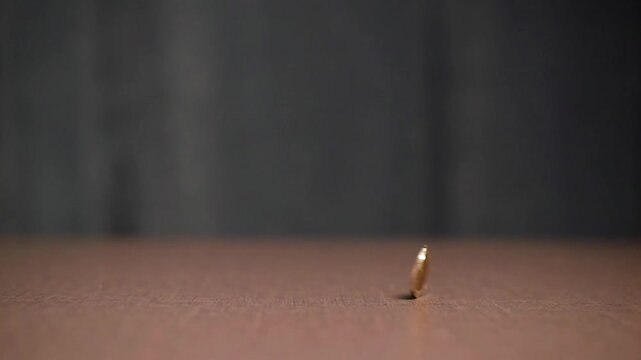 Slow Motion Spinning Coin and Stopping on Wooden Background