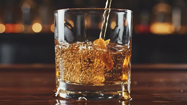 Amber liquid splashes violently as it pours into a clear glass