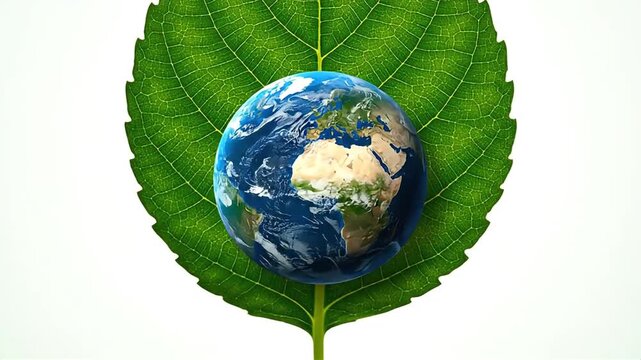 Vibrant green leaf with water droplet on white background and a rotating globe appears