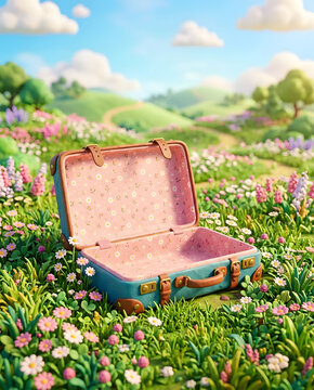3d stylized illustration of an open vintage suitcase in a flower meadow