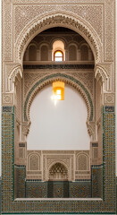 Ai generated of Elegant Eid al-Fitr greeting card design featuring ornate Islamic arch, intricate geometric patterns, colorful stained glass windows, and traditional mosque interior decoration.