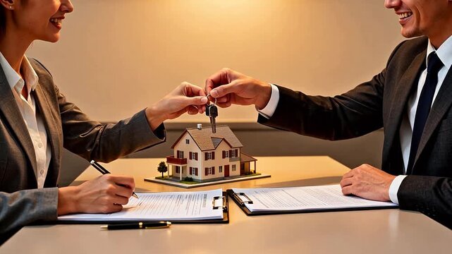 Man handing house key to woman signing documents