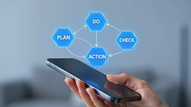 Hand holding smartphone displaying a digital business process flow chart with Plan Do Check Action cycle, representing strategic planning and execution in modern business.