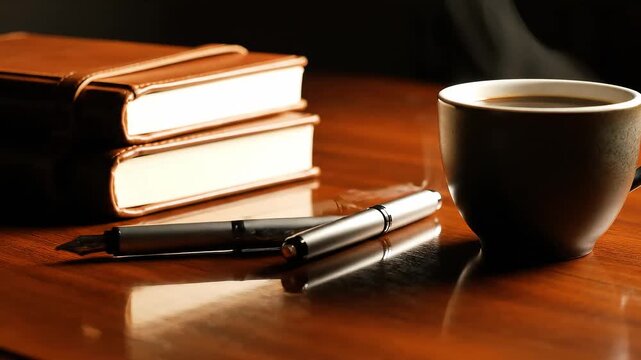 Desk objects gently sliding &mdash; notebooks pens coffee cup subtly moving