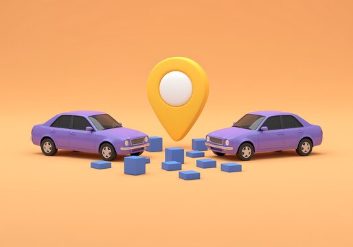 Two purple cars facing each other with a large yellow map pin and blue blocks scattered on the ground in between them on an orange background  car location concept