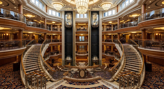Grand opulent cruise ship interior atrium with sweeping staircases ornate chandeliers and elevators showcasing luxury travel and elegant design