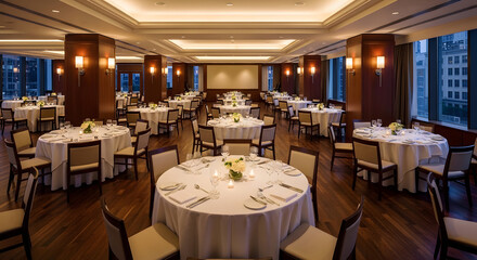 Naklejka premium Elegant banquet hall set for a formal event with round tables draped in white linen and chairs arranged for guests