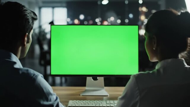Green Screen view from the back on male and female office workers sitting at desk in front of computer they watching something its chroma key inside scene 2 with distortion, overlay, glitch, static