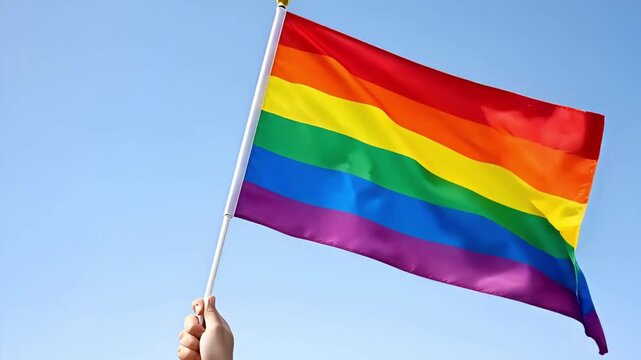 Rainbow flag waving against a clear blue sky, symbolizing pride and LGBTQ+ rights