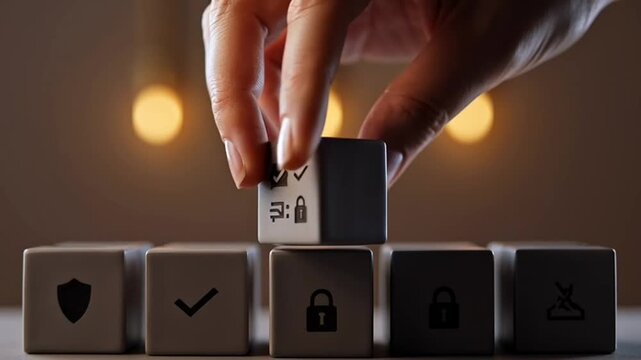Hand placing a cube with checklist and lock icons on top of stack, symbolizing security and data management choices in digital security concepts.
