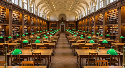 Fototapeta premium Grand ornate library interior with rows of wooden tables and green desk lamps creating a scholarly atmosphere for reading and study