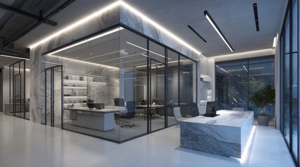 Obraz premium A financial consulting office features glass walls and minimalist furniture, showing a clean design and efficient use of space for work activities.