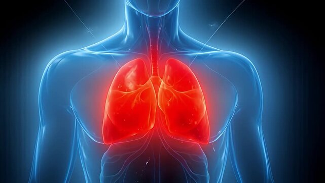 Digital render of human lungs highlighted in red within a blue translucent body, symbolizing respiratory health and lung function