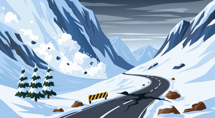 Avalanche disaster vector illustration of a snow slide crashing down a mountain onto a cracked road in a winter landscape scene © Purnomo