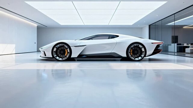 White sports car in modern showroom