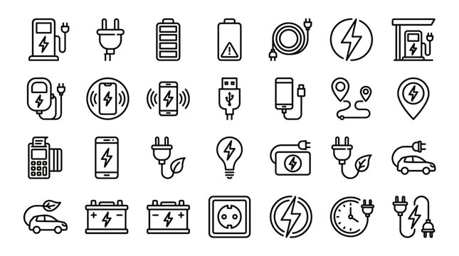 Set of 30 electric car charging and battery icons vector, line outline style for EV station, power plug, energy, charging cable symbols for apps and websites