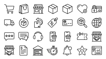 Set of 25 shopping and ecommerce outline icons vector, black line delivery cart payment store box heart chat support bag discount gift and globe © Graphicsworld